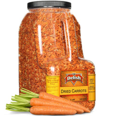 Its Delish dried carrots in a 5 lb jug with handle for easy storage.