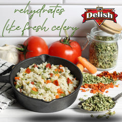 It's Delish dried celery flakes in soup bowl, enhances aroma and depth.