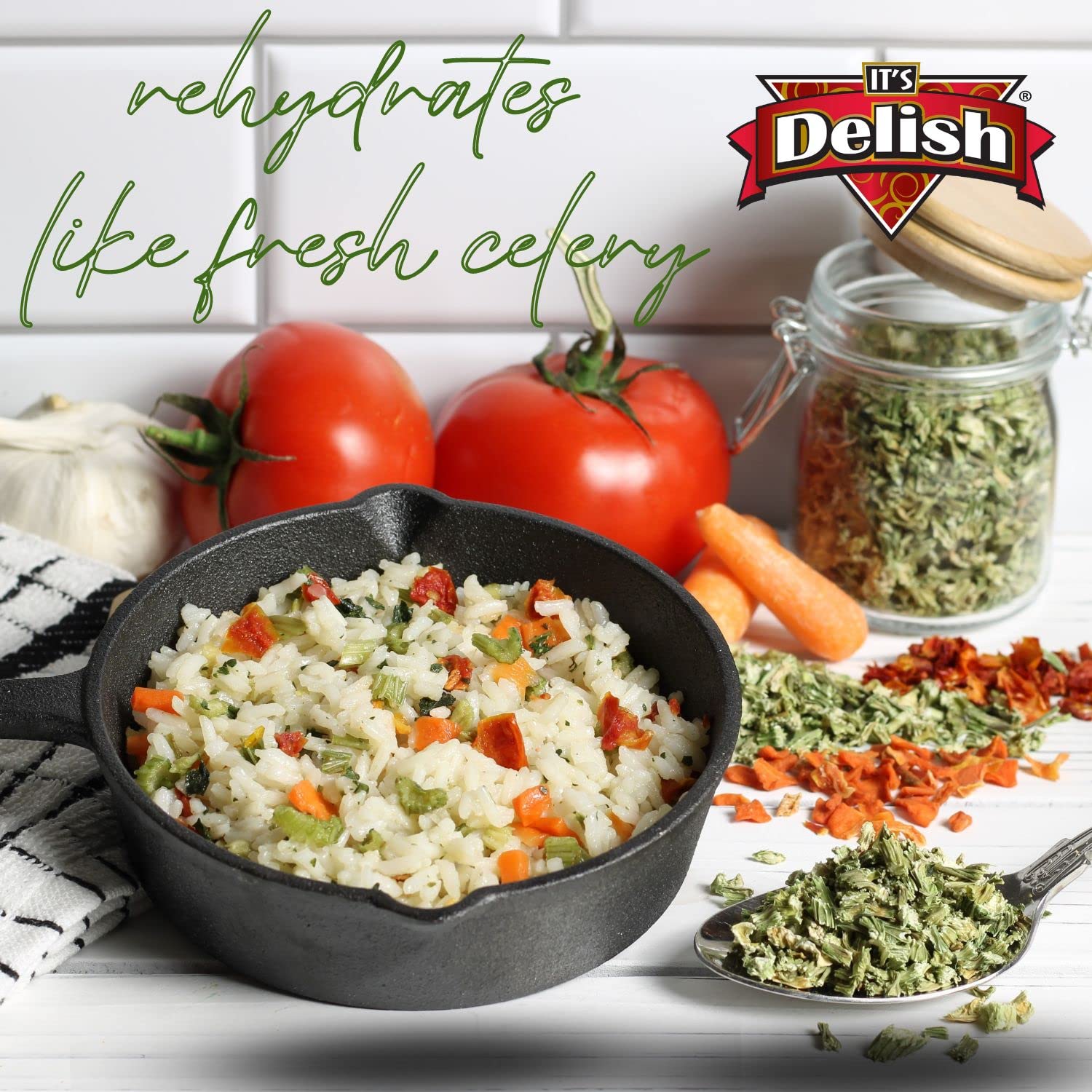It's Delish dried celery flakes sealed bag, ideal for camping trips.