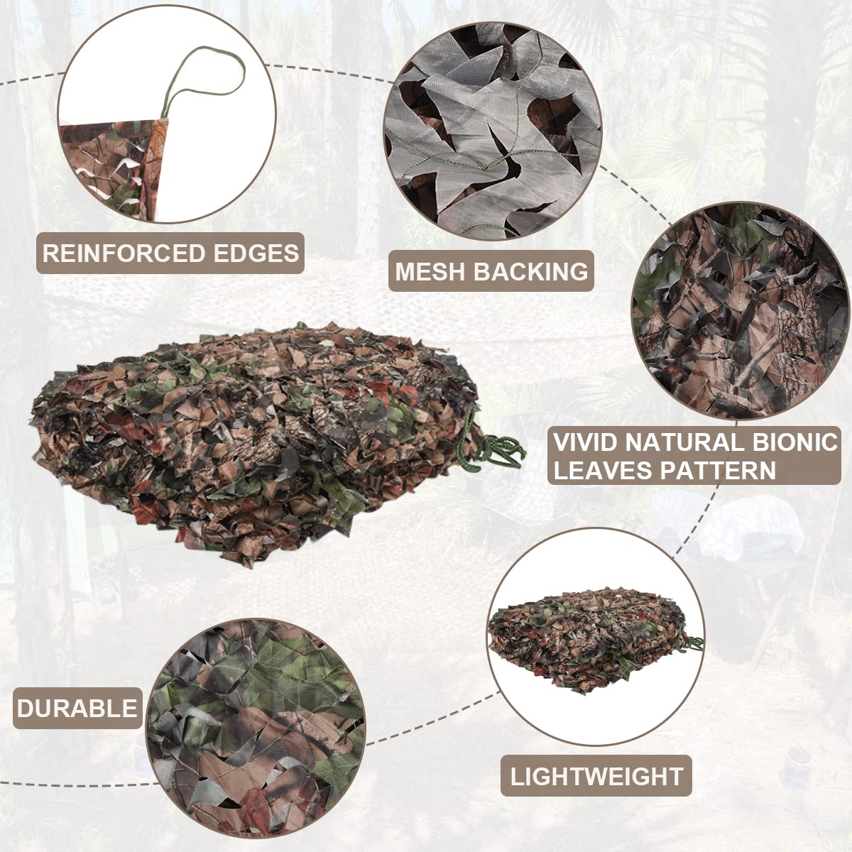 iunio camo netting features 3D leaf camo to blend surroundings.