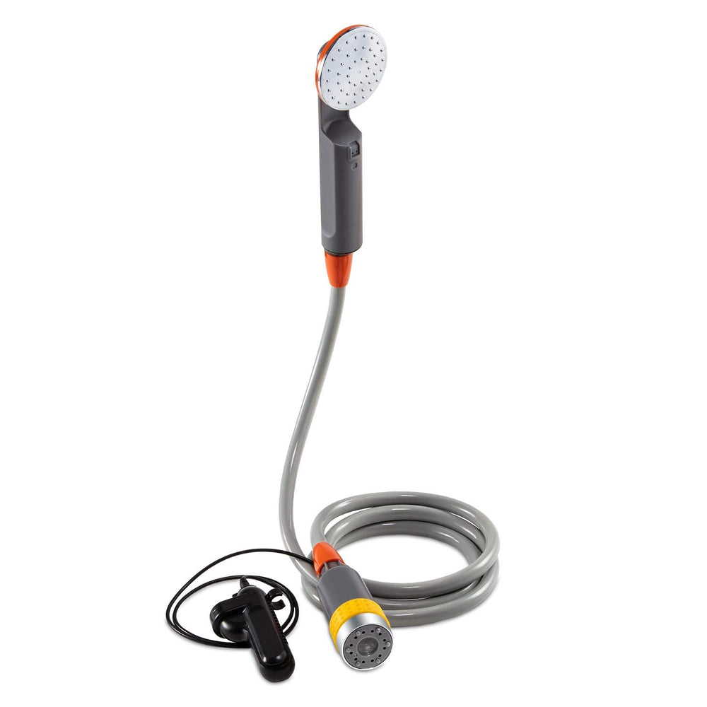 Ivation portable camping shower bucket-fill setup for outdoor cleaning.