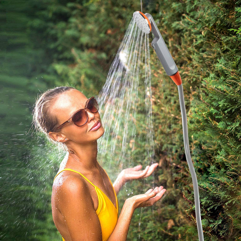 Ivation camping shower suction mount ready for hands-free hanging.