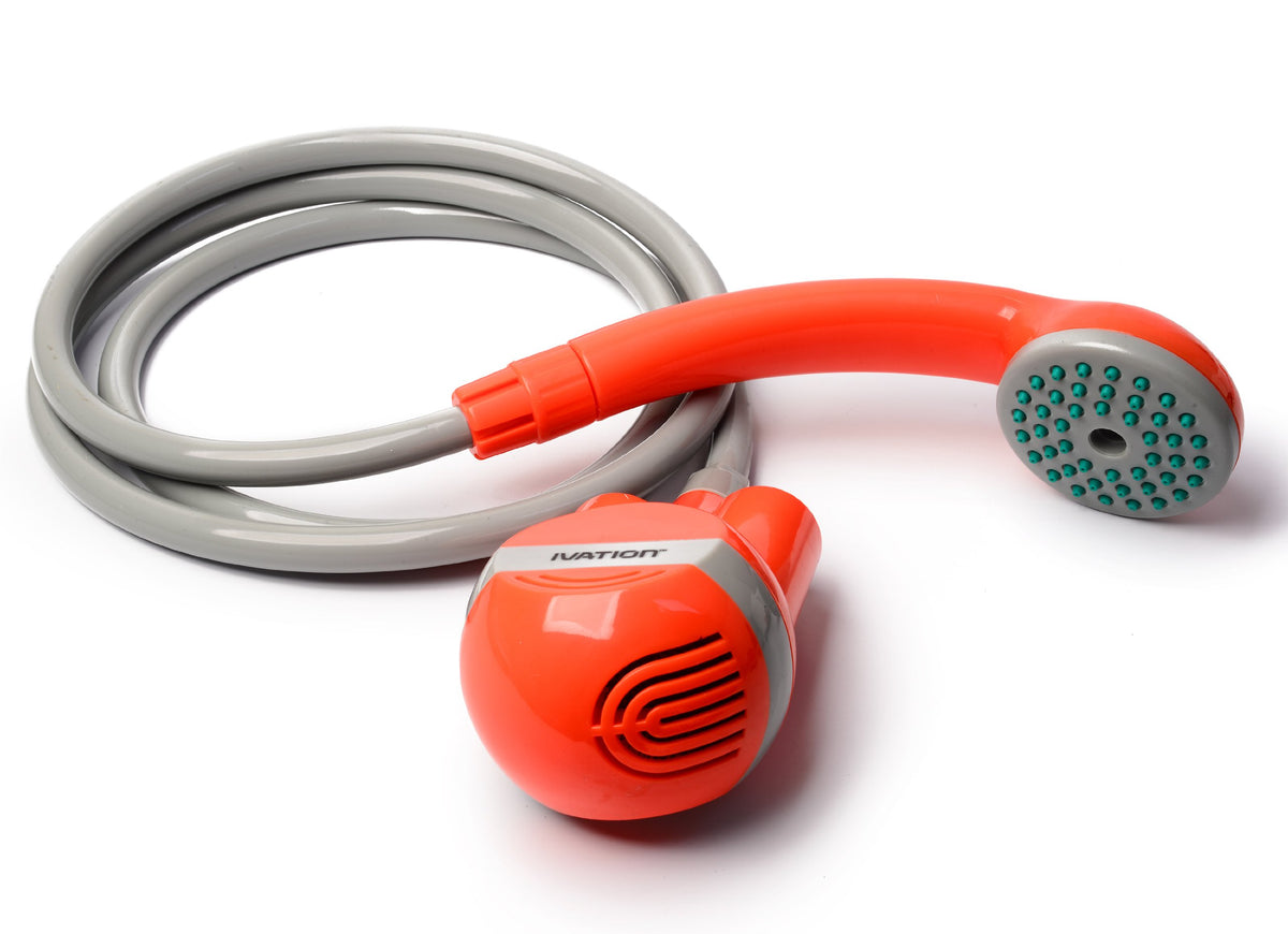 Ivation portable outdoor shower battery demonstrates a compact, rechargeable setup ideal for camping showers.