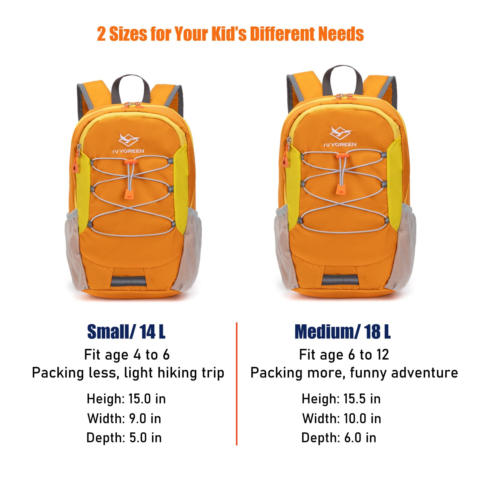 IVYGREEN Little Kids Hiking Backpack orange dimension shows compact 14L or 18L capacity