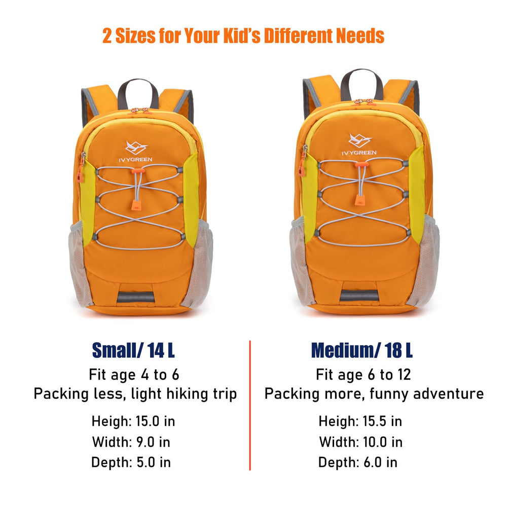 IVYGREEN Little Kids Hiking Backpack orange dimension shows compact 14L or 18L capacity