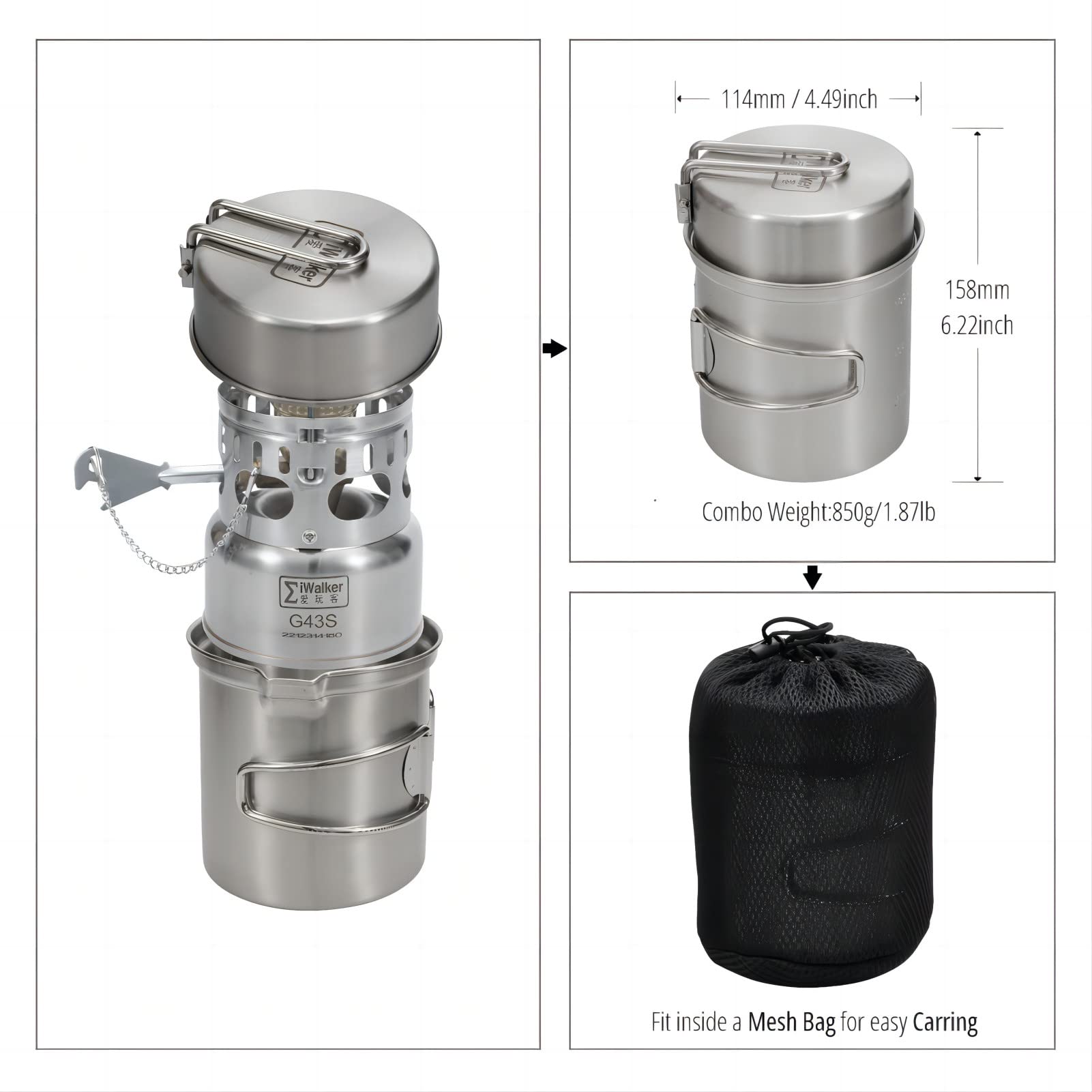 iWalker G43S stainless steel pot and pan sets ready for travel.
