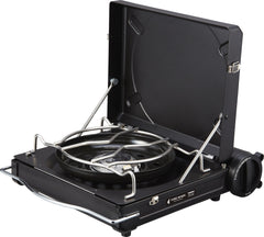 Iwatani Fore Winds Luxe Stove front view shows wind protection for stable outdoor cooking.