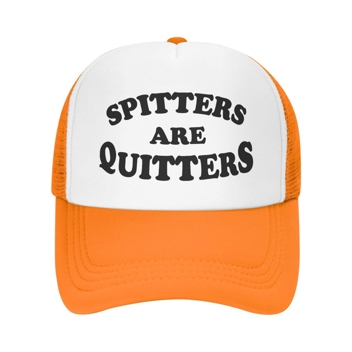 IWDASANSJ Spitters are Quitters hat orange front view, vibrant color and sun protection for outdoor wear.