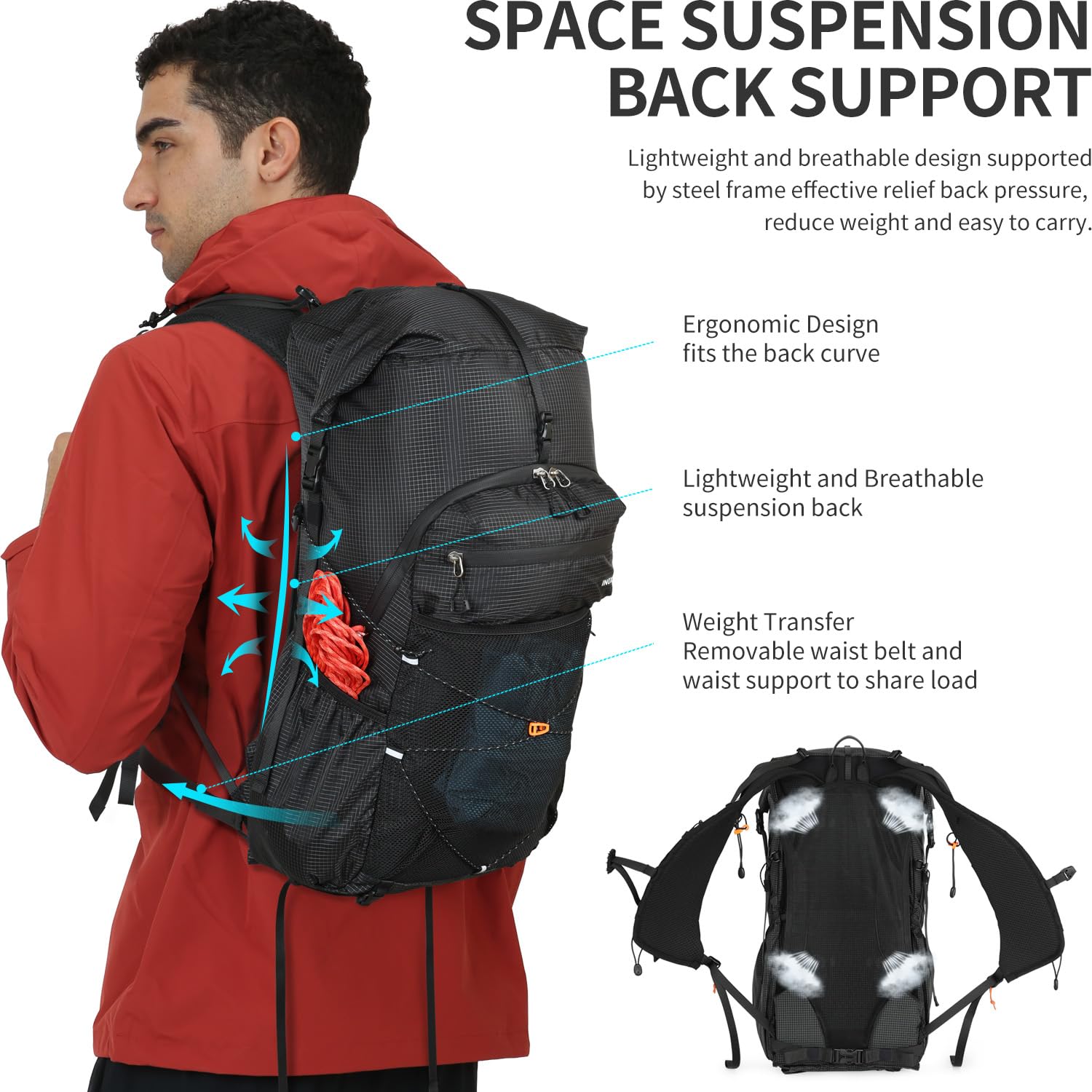 IX INOXTO Hiking Backpack ergonomic back panel enhances comfort on long hikes.