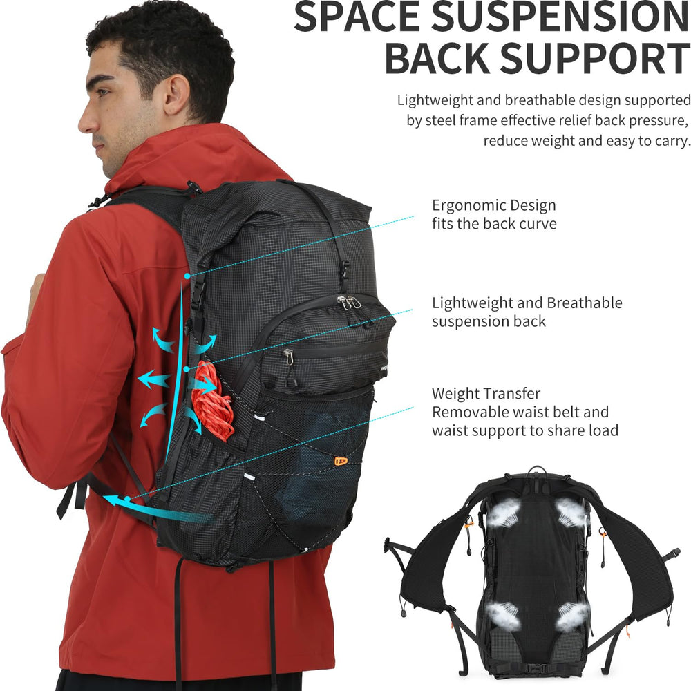 IX INOXTO Hiking Backpack ergonomic back panel enhances comfort on long hikes.