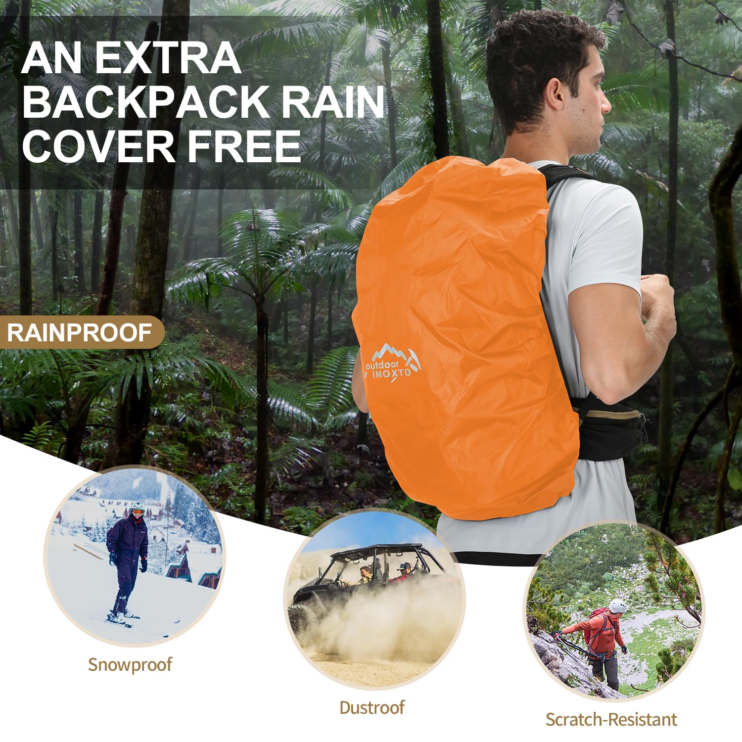 IX INOXTO rain cover included protects gear during showers.