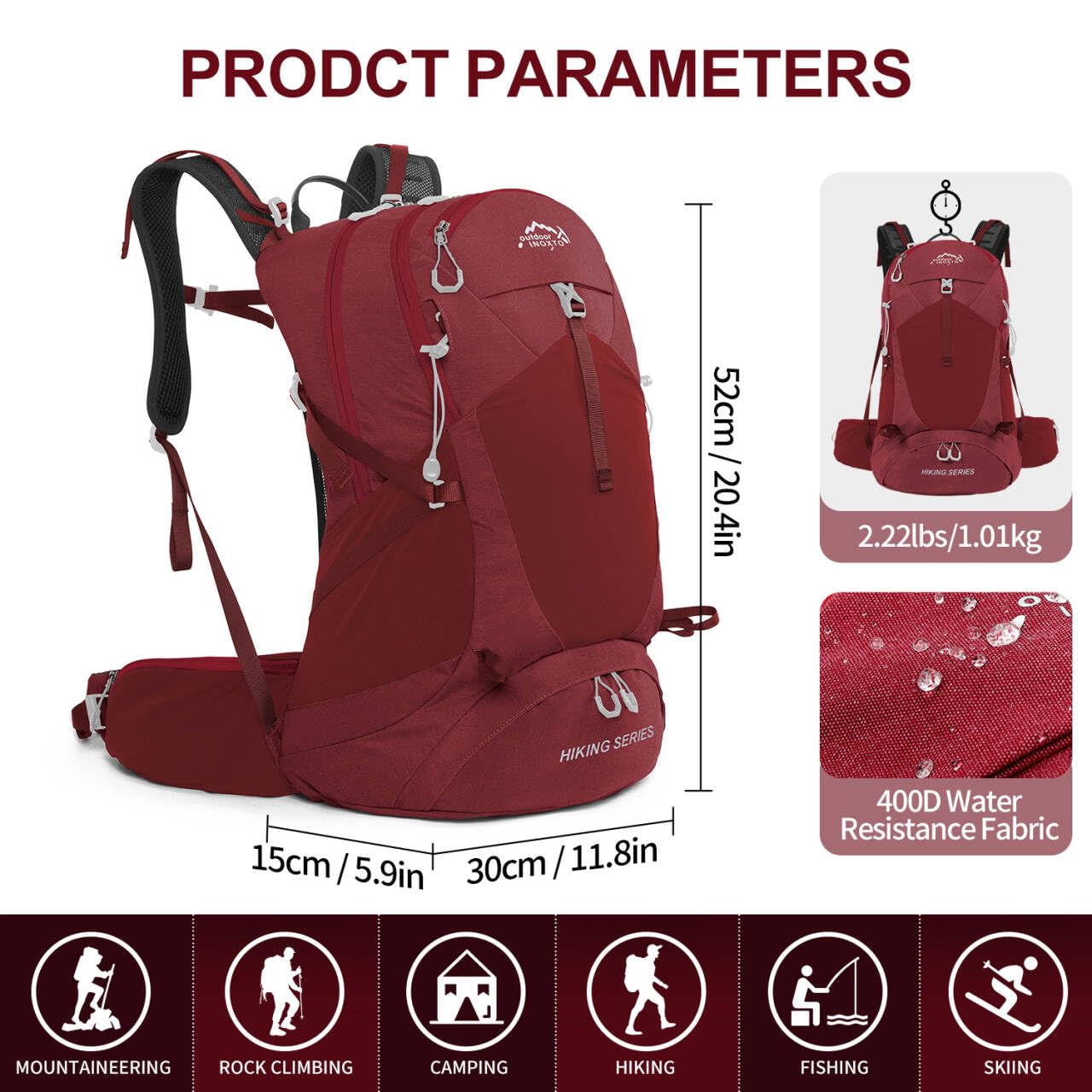 IX INOXTO hiking backpack red side pockets enable quick access during day trips