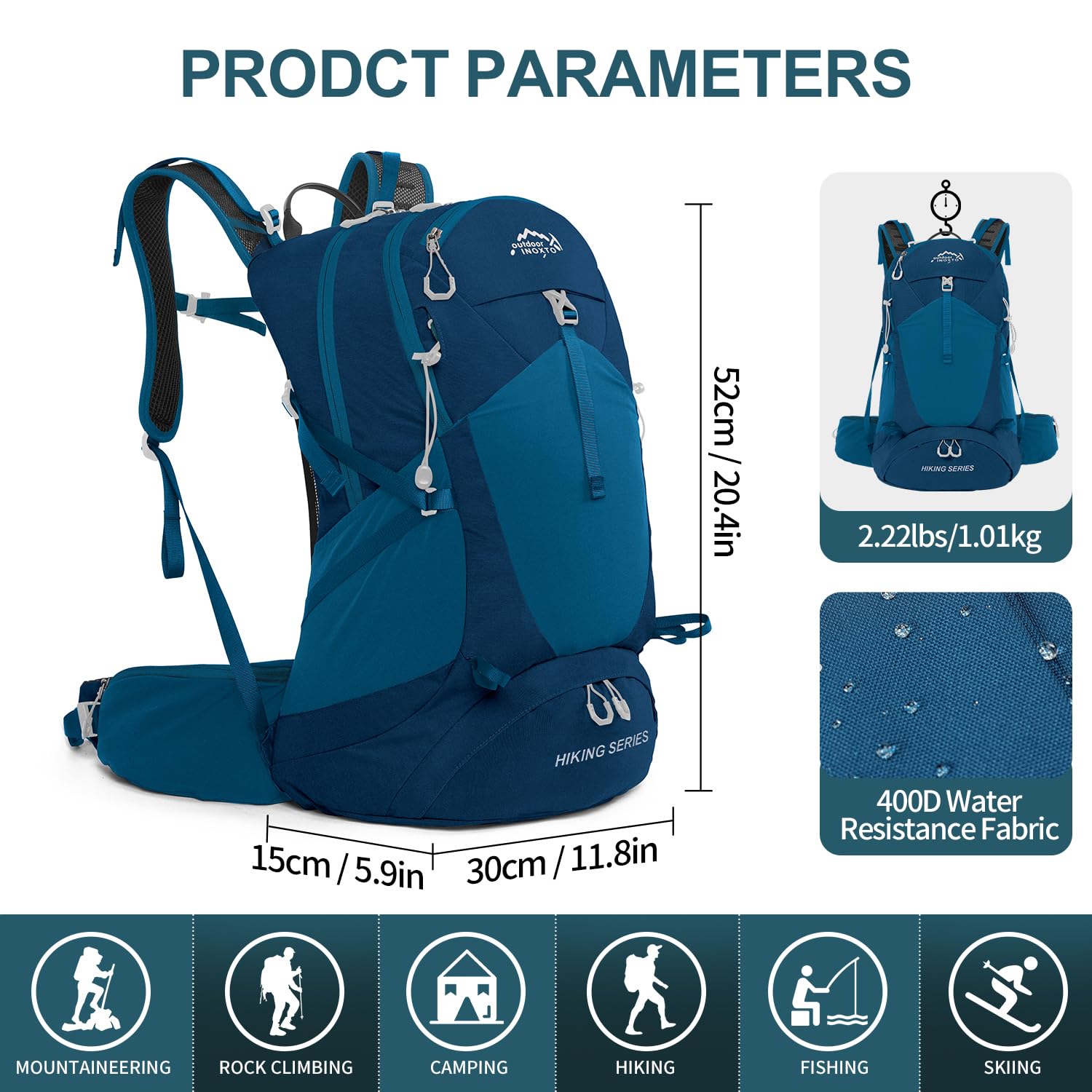 IX INOXTO hiking backpack blue back-strap and breathable mesh padding for comfort