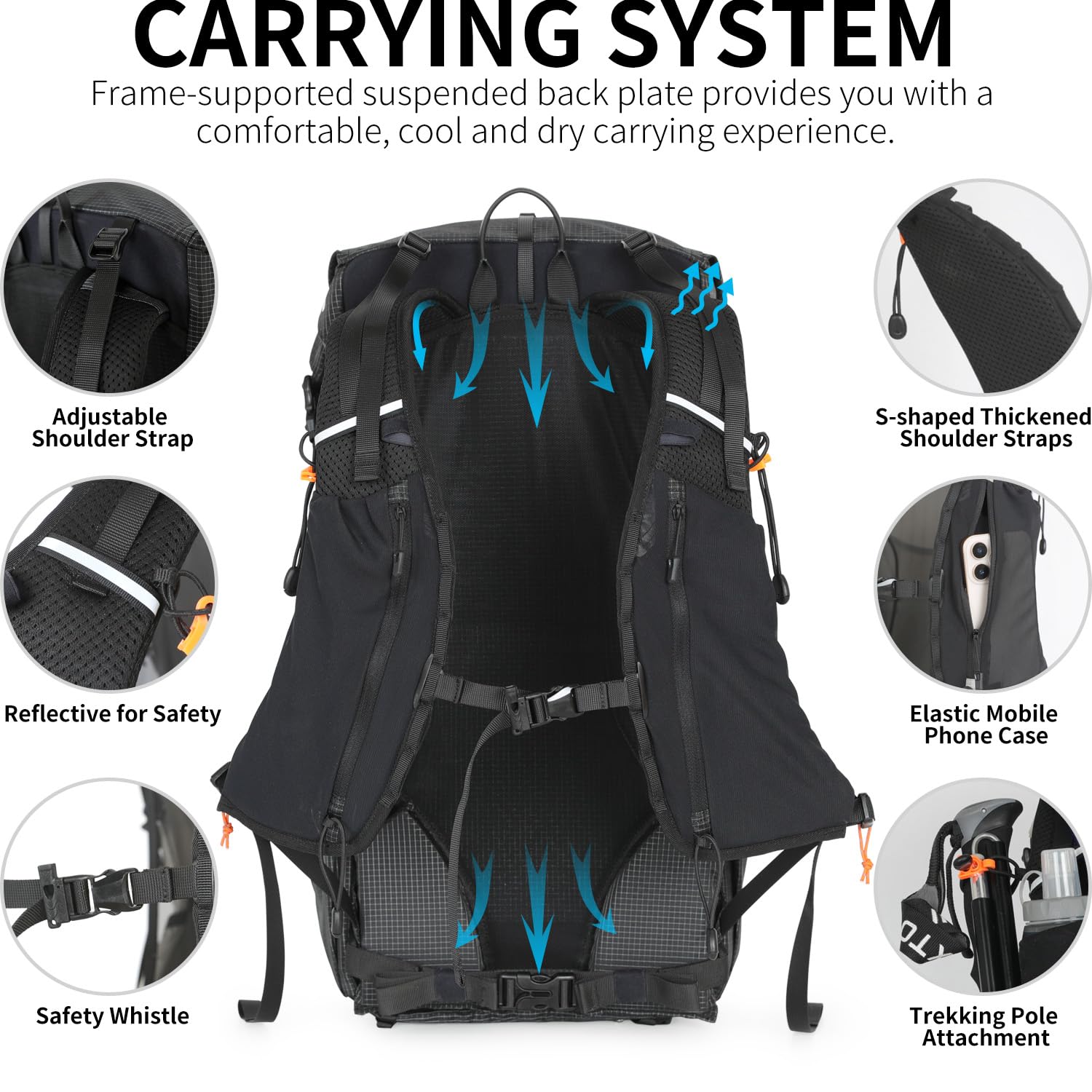 IX INOXTO Hiking Backpack adjustable shoulder straps provide breathable comfort.