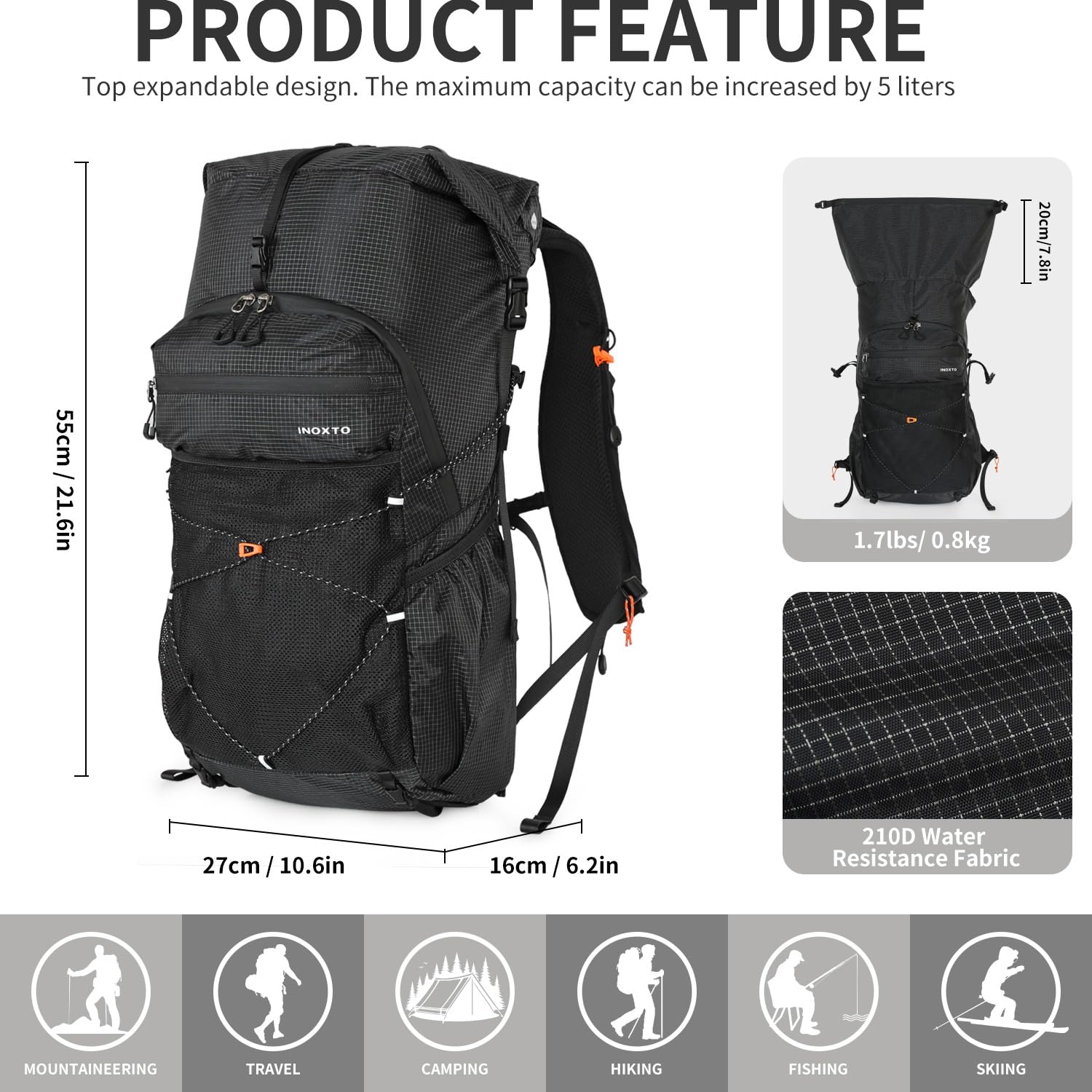 IX INOXTO Hiking Backpack waterproof zipper keeps gear dry in wet conditions.