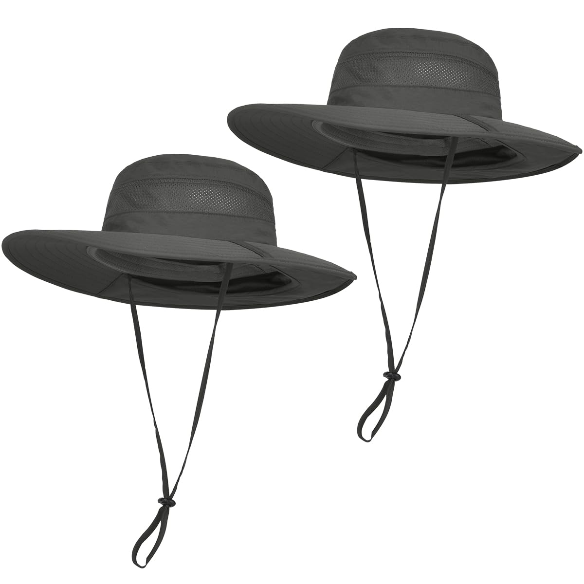 Wide brim sun hat with neck flap and breathable mesh on the dark grey model