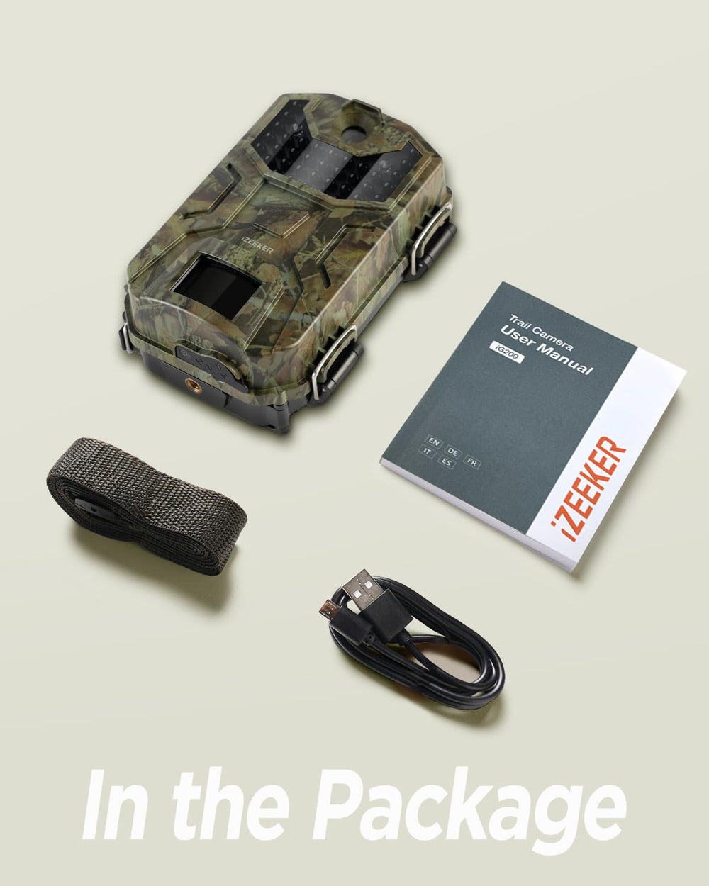 iZEEKER Trail Camera easy-mount strap simplifies setup on trees or posts.