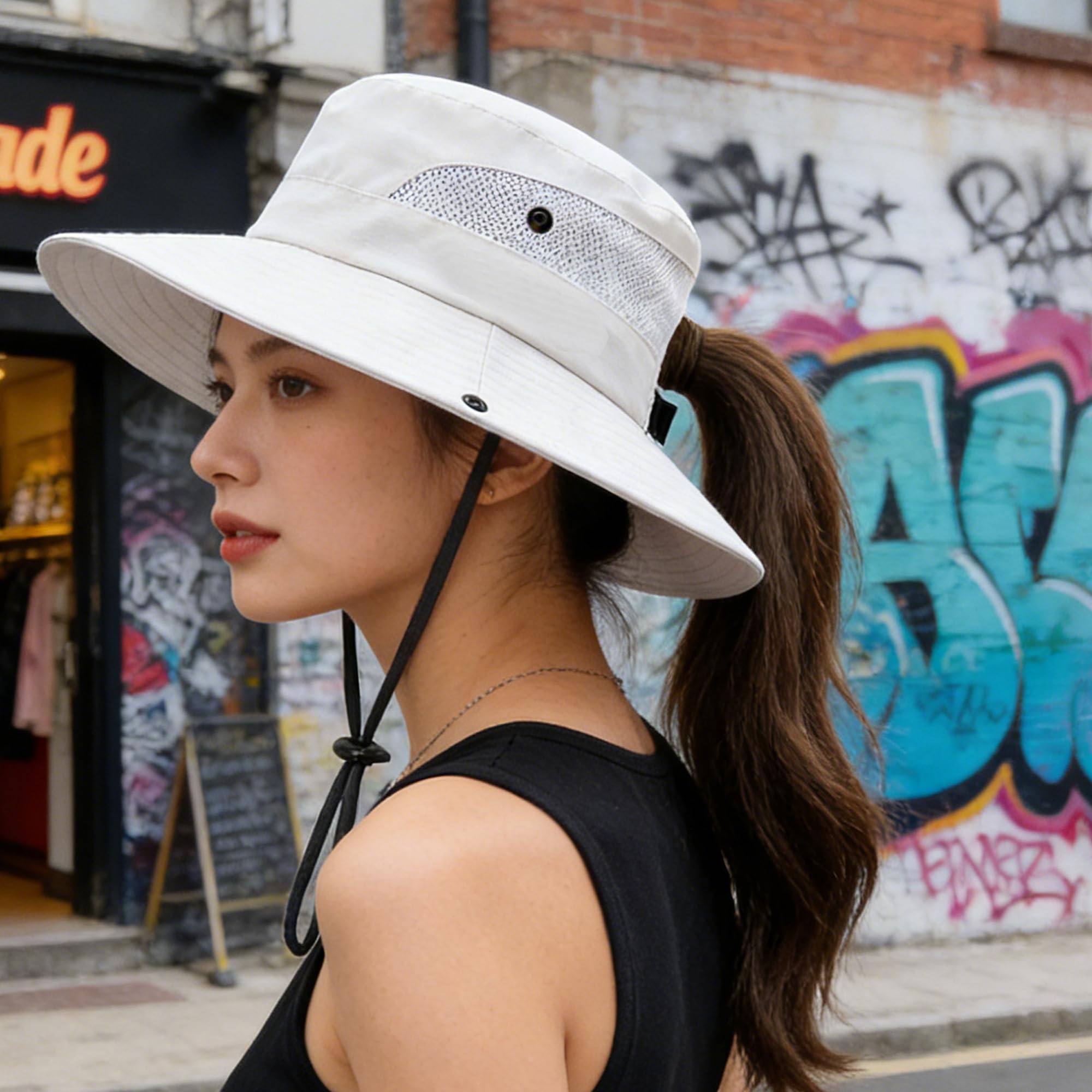 IZUS Classic Ponytail Sun Hat ponytail-hole closeup emphasizes easy ponytail fit.