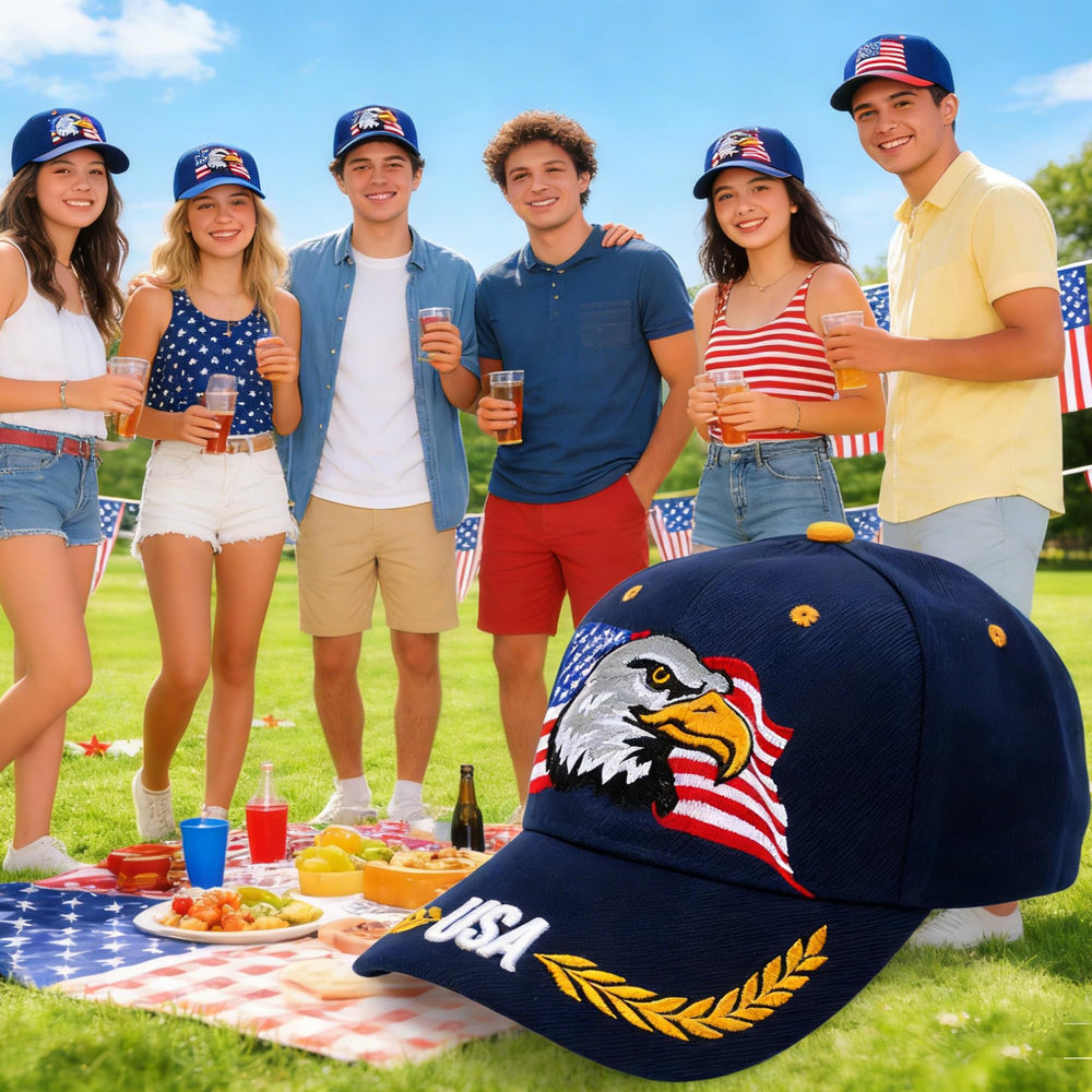 IZUS embroidered USA print on bill adds a vibrant patriotic accent.