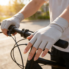 IZUS Ice Silk Fingerless Gloves in ivory with non-slip grip for outdoor tasks.
