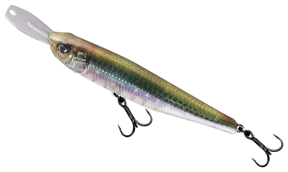 Jackall JRIS007-RTHLM RiserBait 007R RT Holo Minnow in action with lifelike flash to attract bites.
