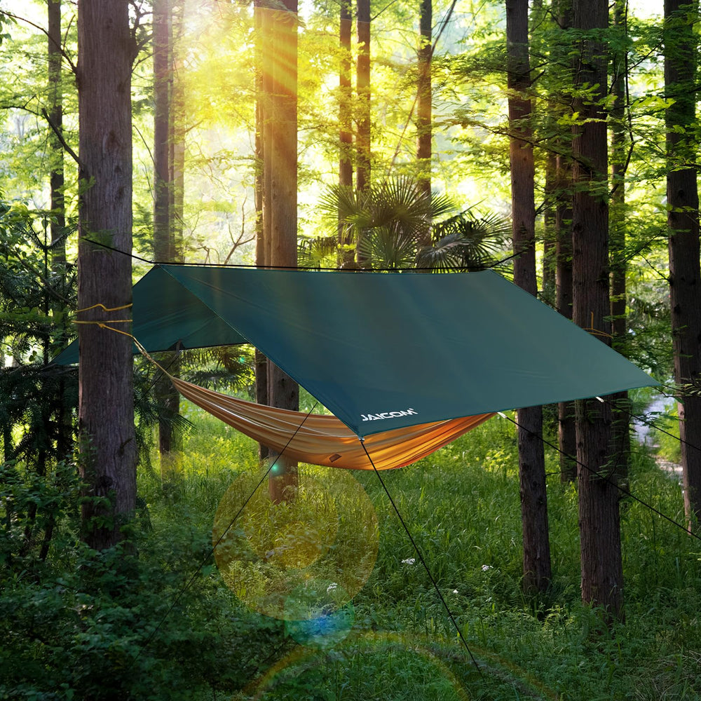 JAICOM tarp showing 19 webbing straps for versatile shelter configurations