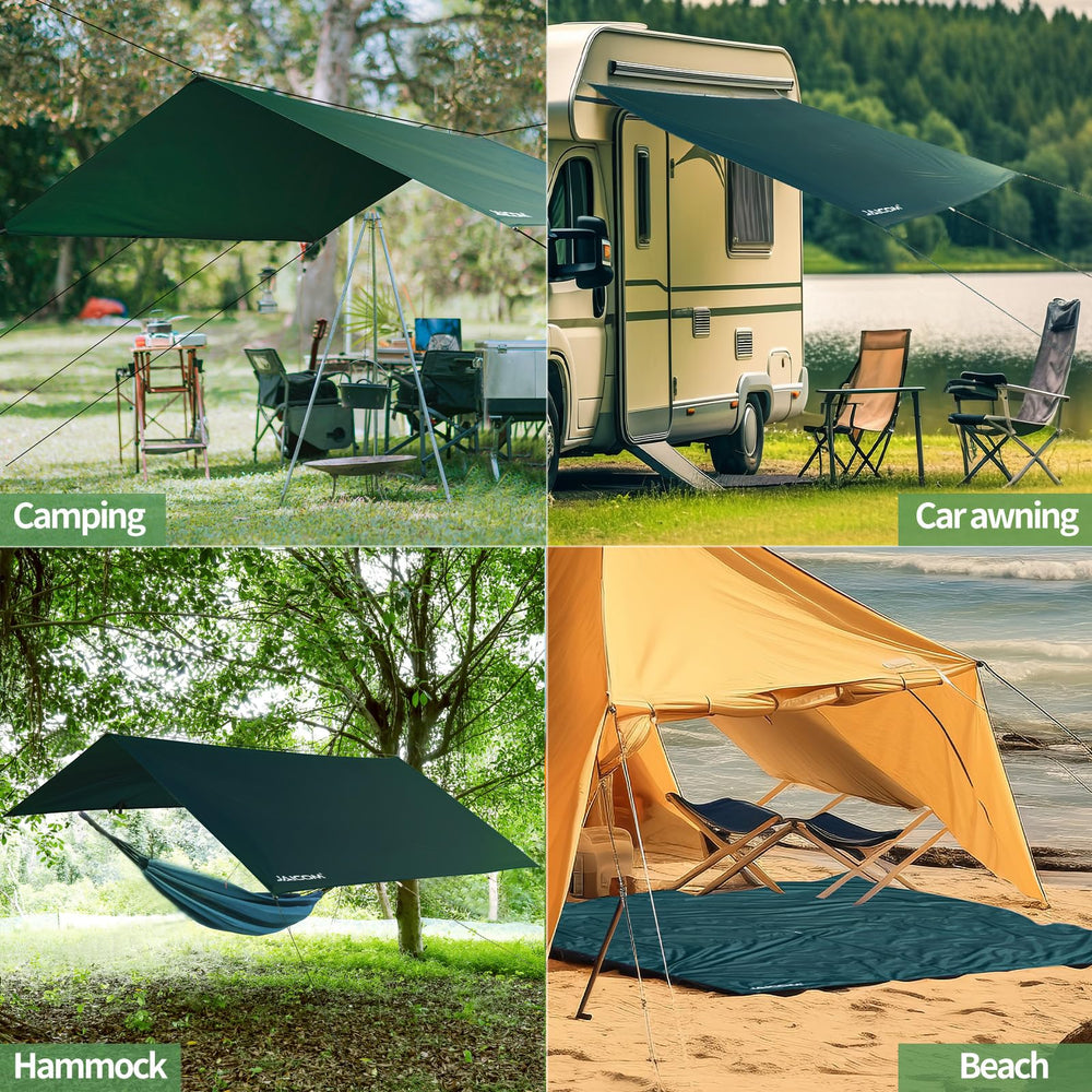 JAICOM tarp configured for multiple uses as shelter, floor, or beach mat