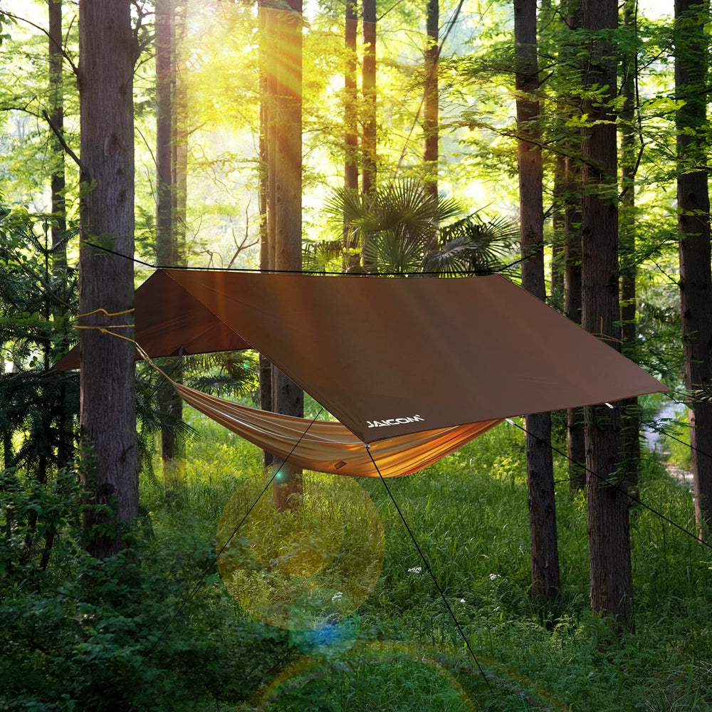 JAICOM tarp rain sun shield illustrates all-weather protection for camping.