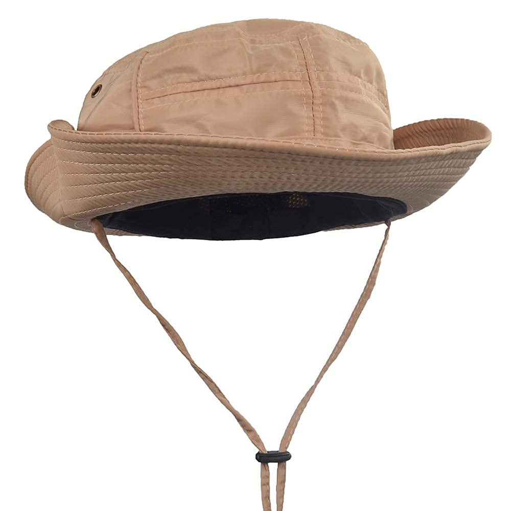 Janey&Rubbins safari hat side profile showing adjustable chin cord for windy days.