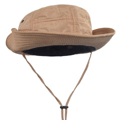 Janey&Rubbins safari hat side profile showing adjustable chin cord for windy days.