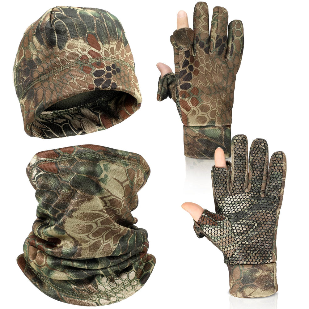Janmercy camouflage hunting gloves beanie scarf set on display for all-season warmth