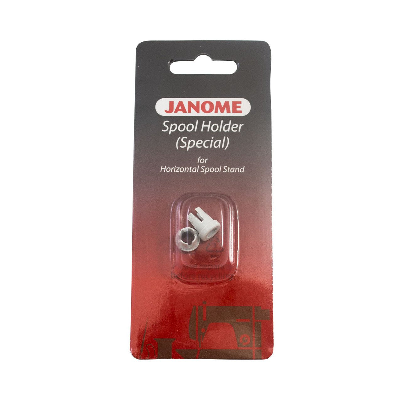 Janome Special Spool Holder on a horizontal stand for smooth thread feeding.
