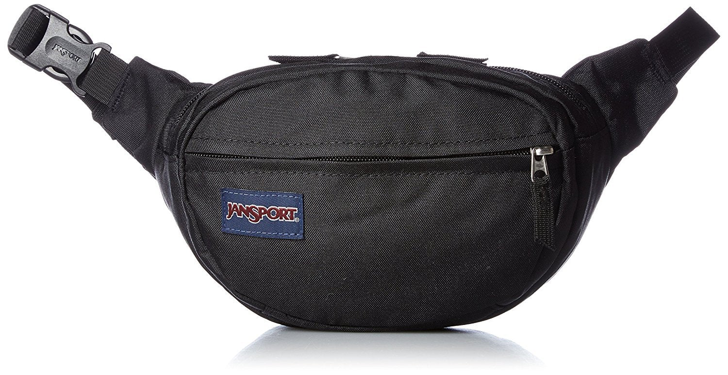 JanSport Fifth Avenue 2L lumbar pack in black, front view, ideal for hands-free daily errands.