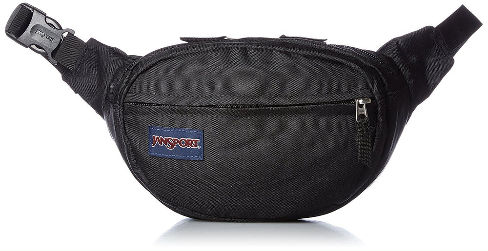 JanSport Fifth Avenue 2L lumbar pack in black, front view, ideal for hands-free daily errands.