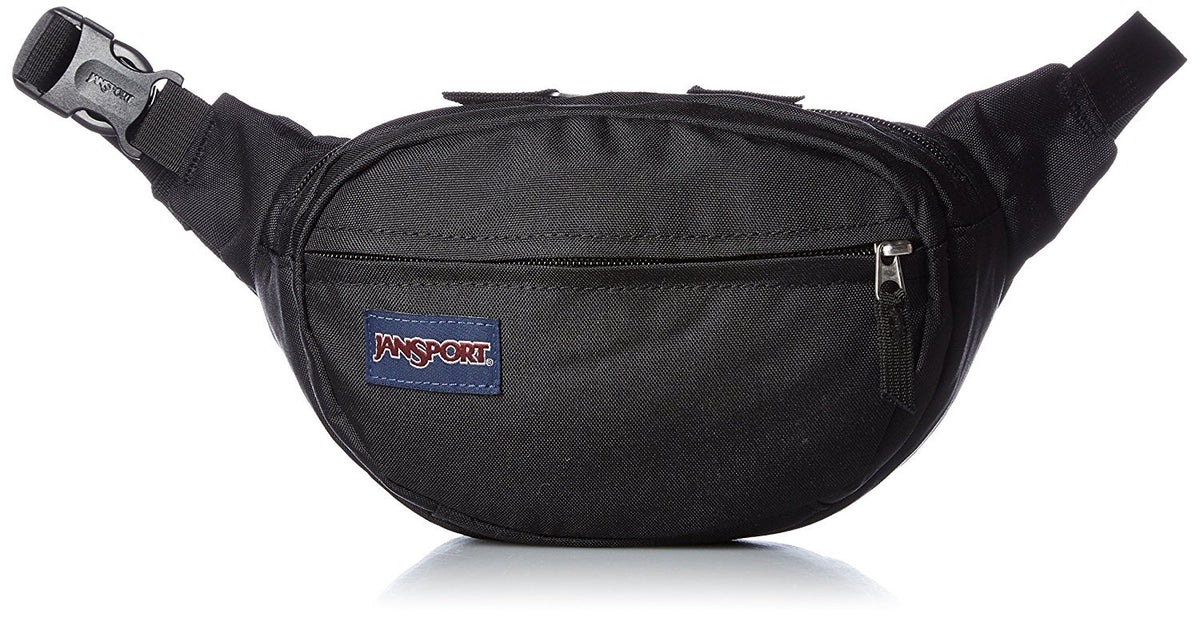JanSport Fifth Avenue 2L lumbar pack in black, front view, ideal for hands-free daily errands.