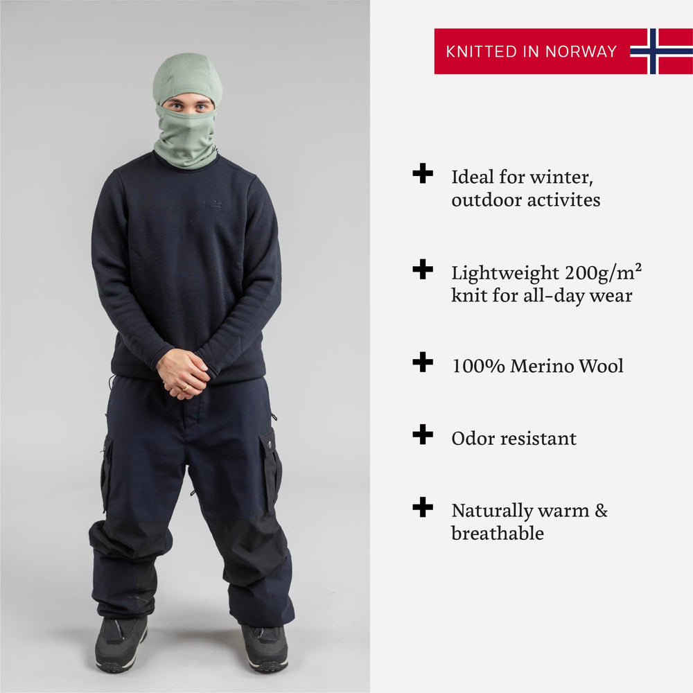 Janus Wool Kleveland balaclava worn on face for versatile cold protection.