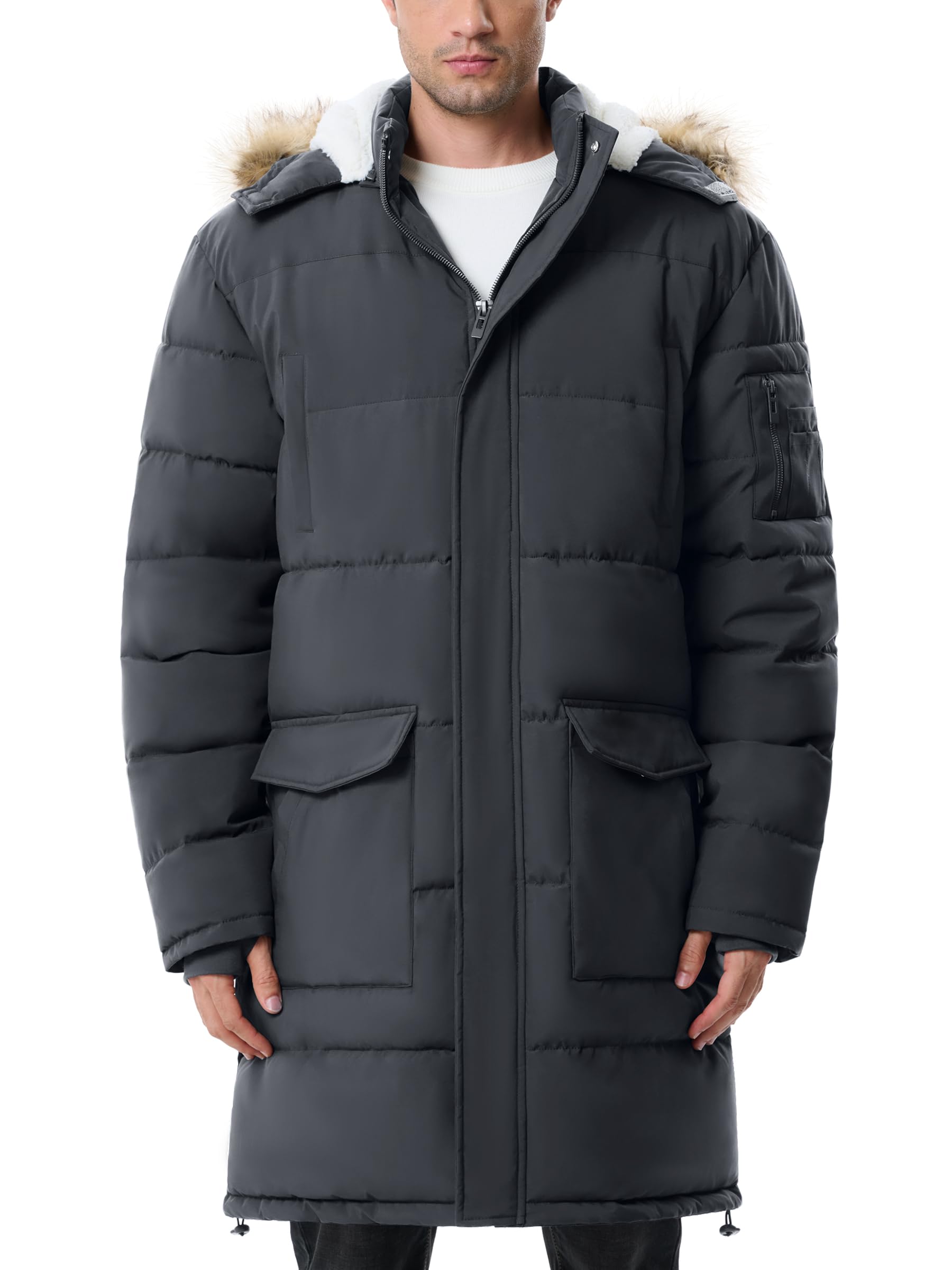 JAWERU men's extra-long fleece puffer jacket front view in gray, offering warmth and weather resistance.