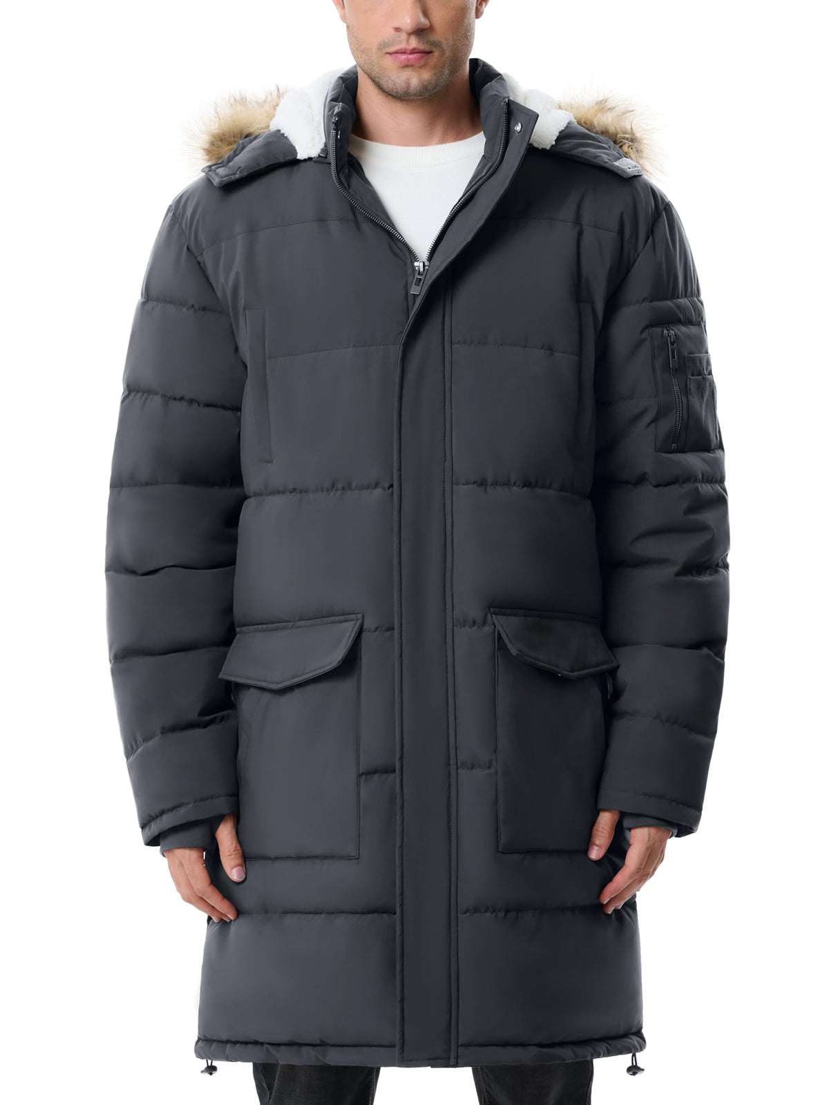 JAWERU men's extra-long fleece puffer jacket front view in gray, offering warmth and weather resistance.