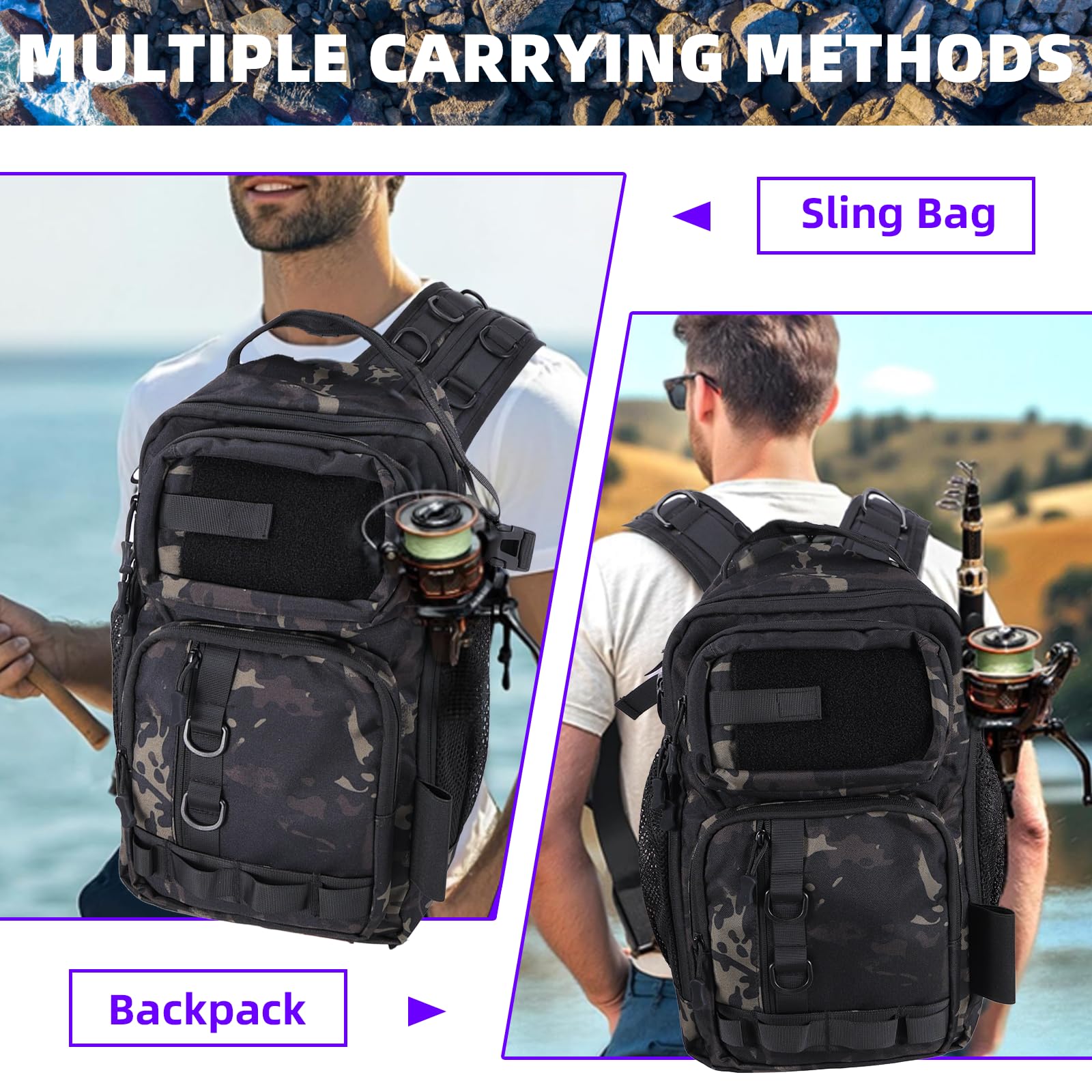 Side rod holder on Jaylene waterproof fishing backpack