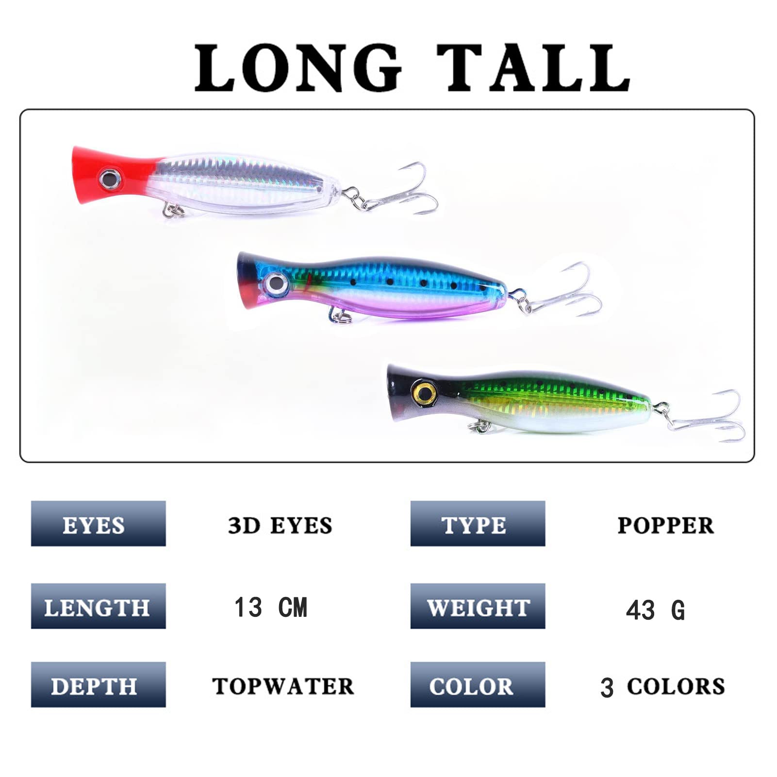 Color variations of JAZALIC popper lures in packaging