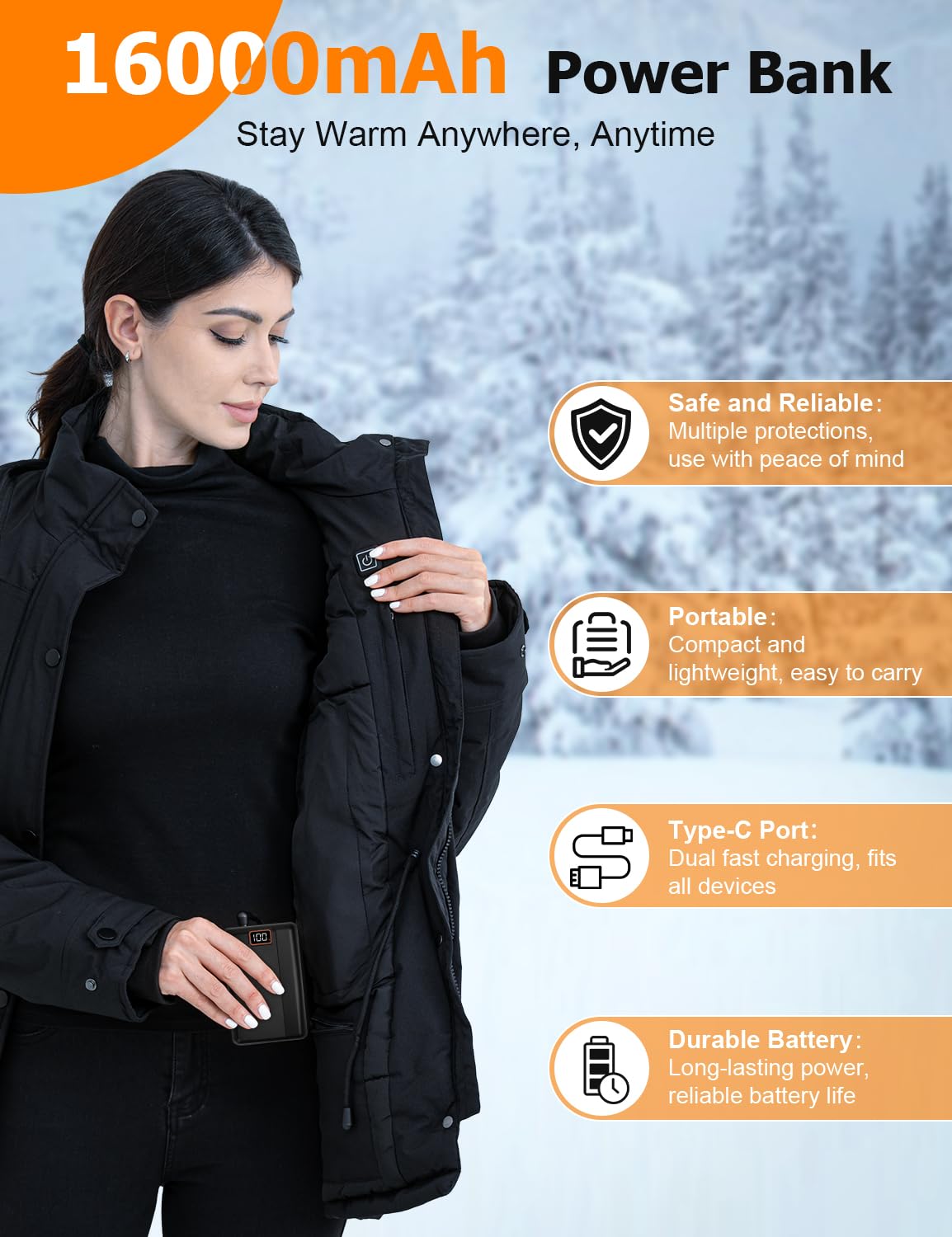Jazvex women's heated jacket control dial displaying three heat levels for customizable comfort.