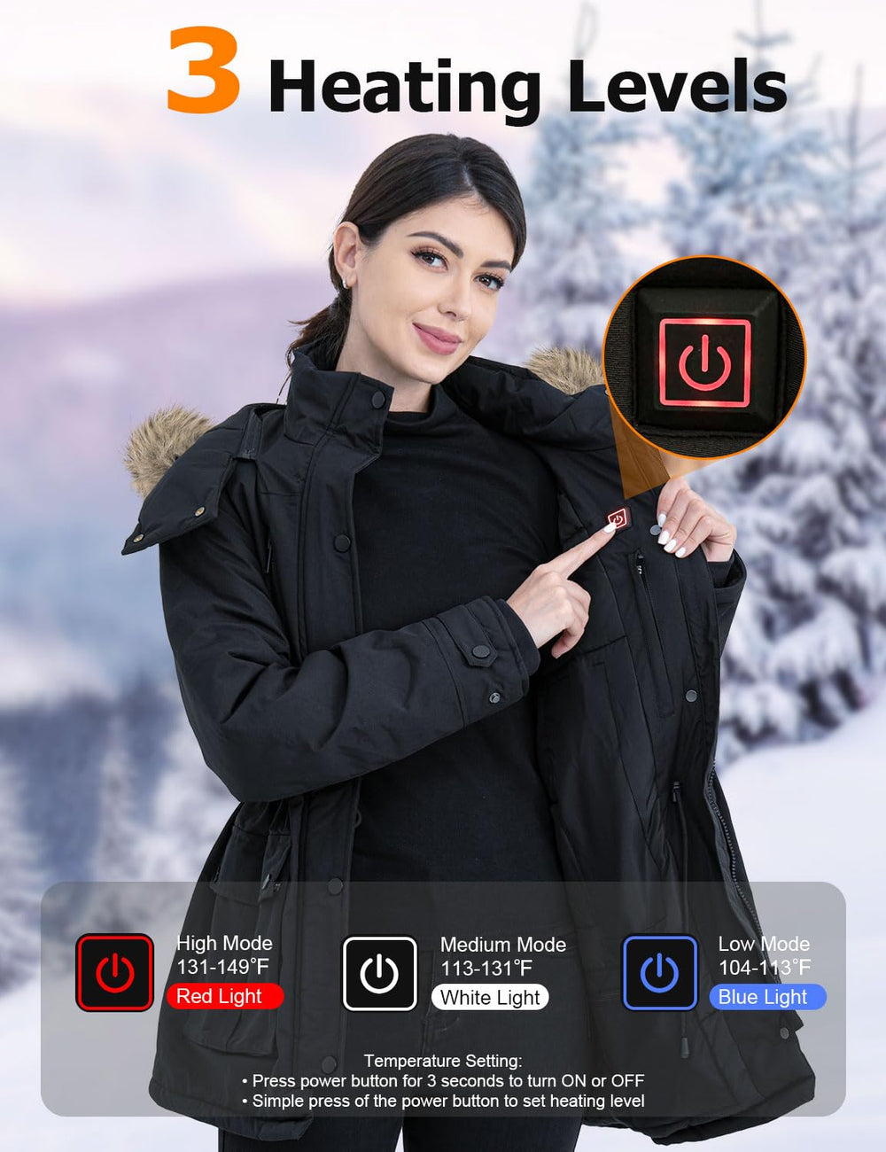 Jazvex women's heated jacket close-up of six heating zones illustrating targeted warmth.