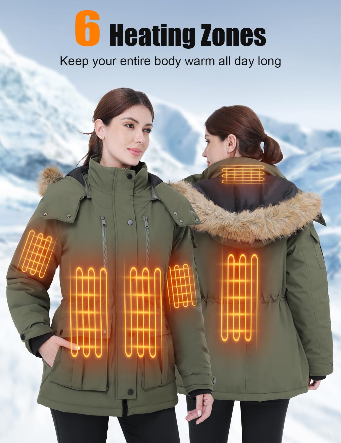 Jazvex Women's Heated Jacket back view highlights full-body warmth during outdoor activities.