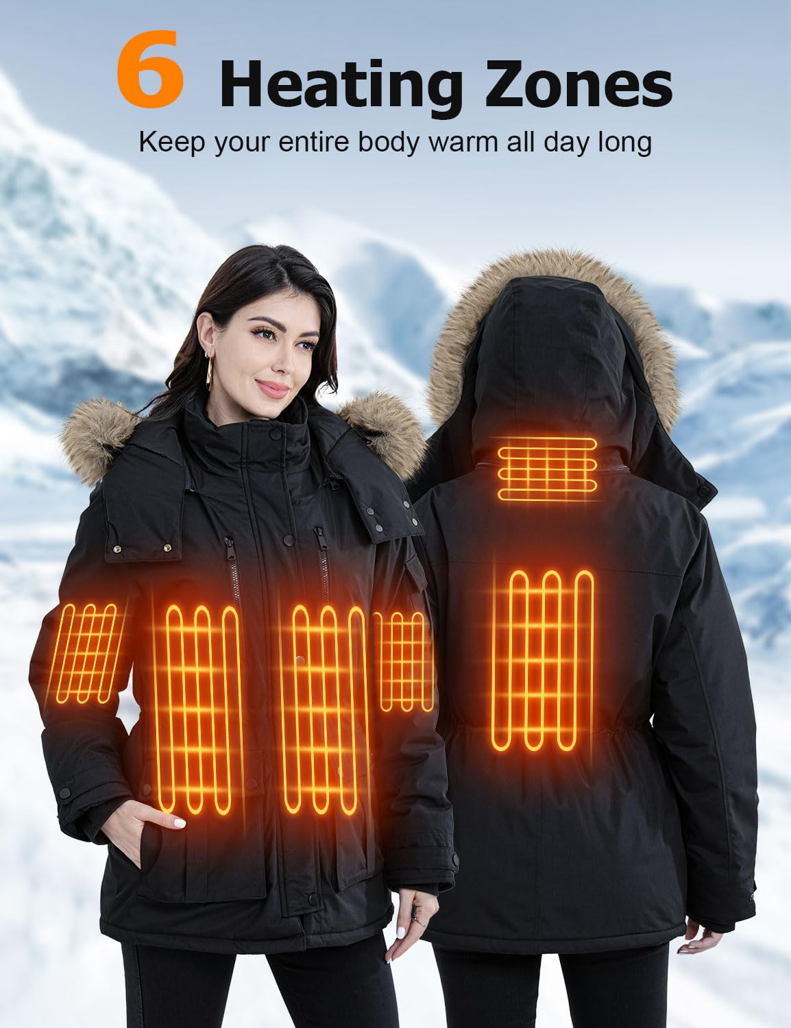 Jazvex women's heated jacket battery pack close-up highlights long-lasting power for outdoor wear.