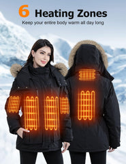 Jazvex women's heated jacket battery pack close-up highlights long-lasting power for outdoor wear.