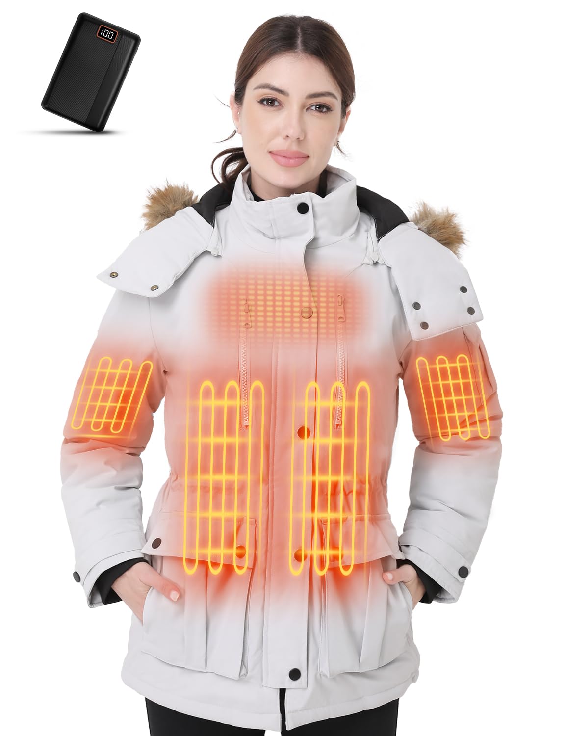 Jazvex women's heated jacket front view with six-zone warmth for cozy outings