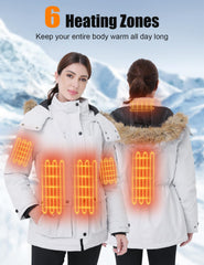 Jazvex heated jacket showing six zones for targeted warmth across chest, back, neck, and arms