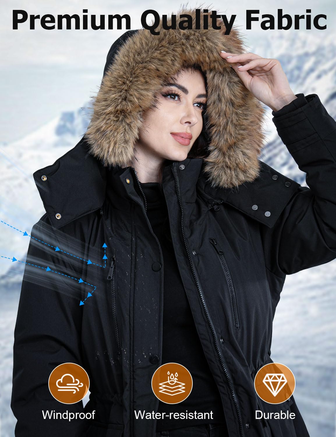 Jazvex women's heated jacket worn in snowy outdoor scene for winter portability.
