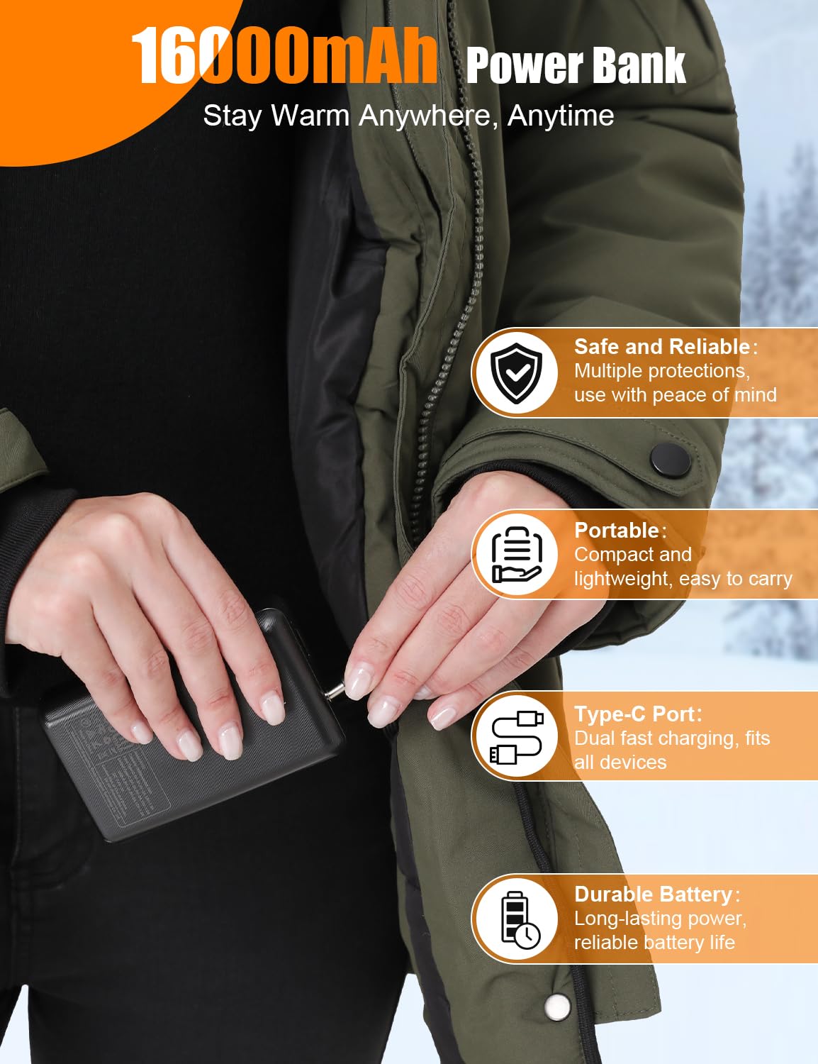 Jazvex Womens Heated Jacket worn in snowy outdoor scenes for versatile warmth