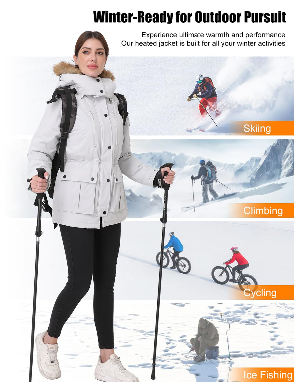 Jazvex user outdoors wearing heated jacket during winter activity